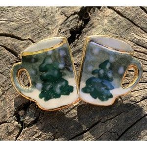 Vintage Christmas Coffee Mug Earrings Handmade Painted on Christmas Trees